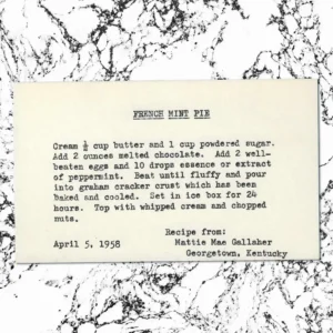 Typed recipe card for French Mint Pie