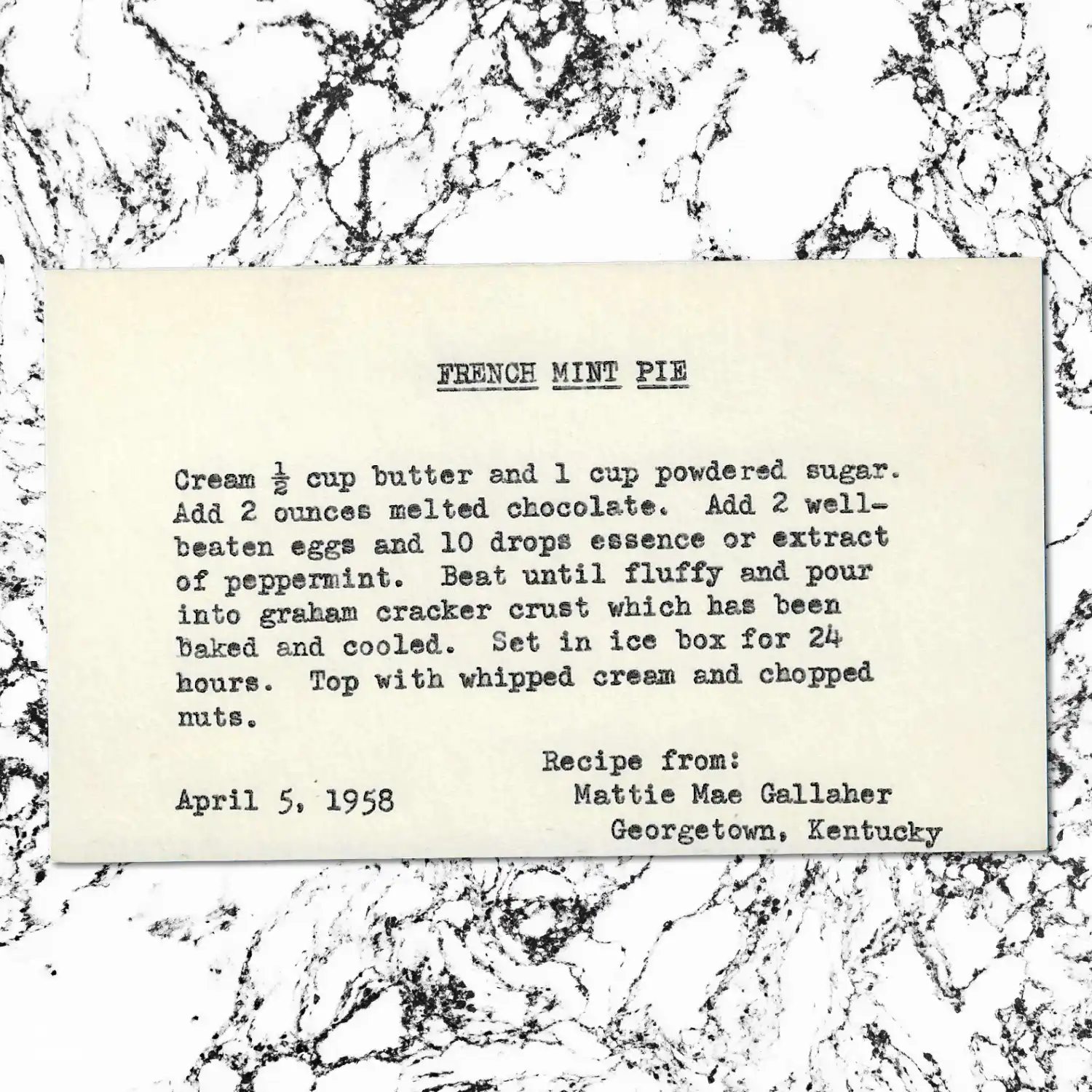 Typed recipe card for French Mint Pie