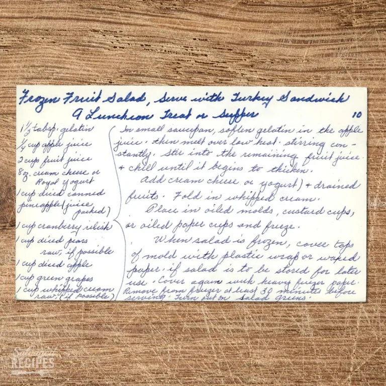 Handwritten recipe card for Frozen Fruit Salad