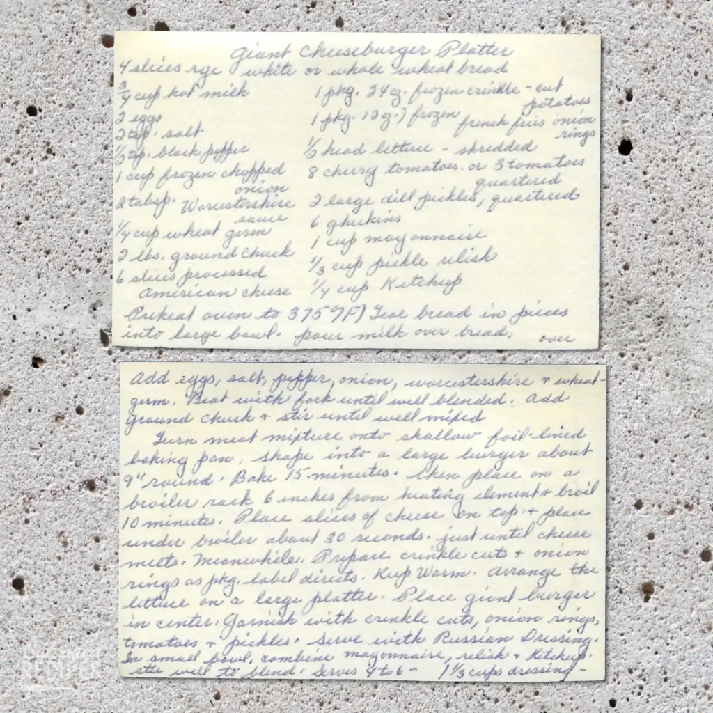 Handwritten recipe card for Giant Cheeseburger Platter
