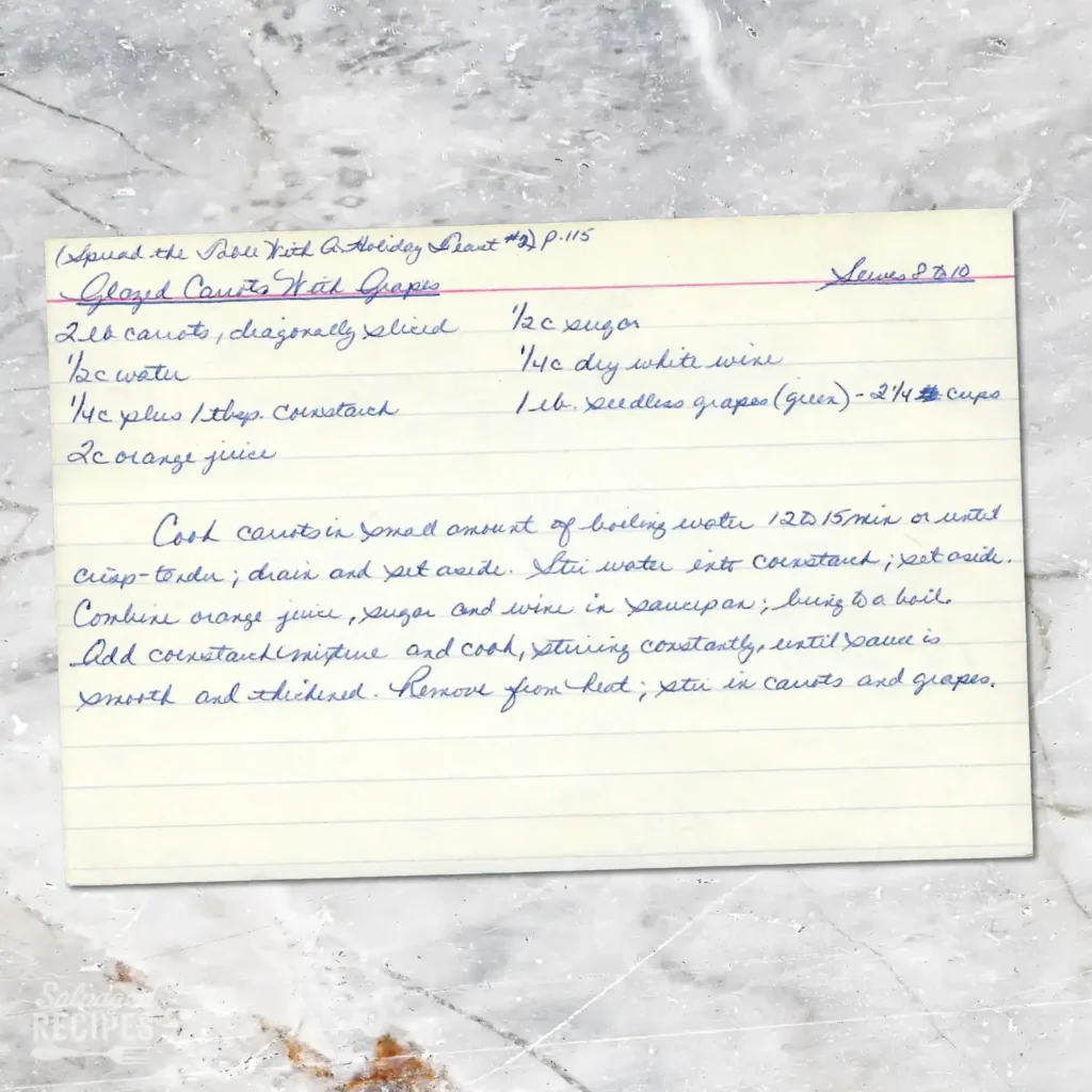 Handwritten recipe card for Glazed Carrots with Grapes
