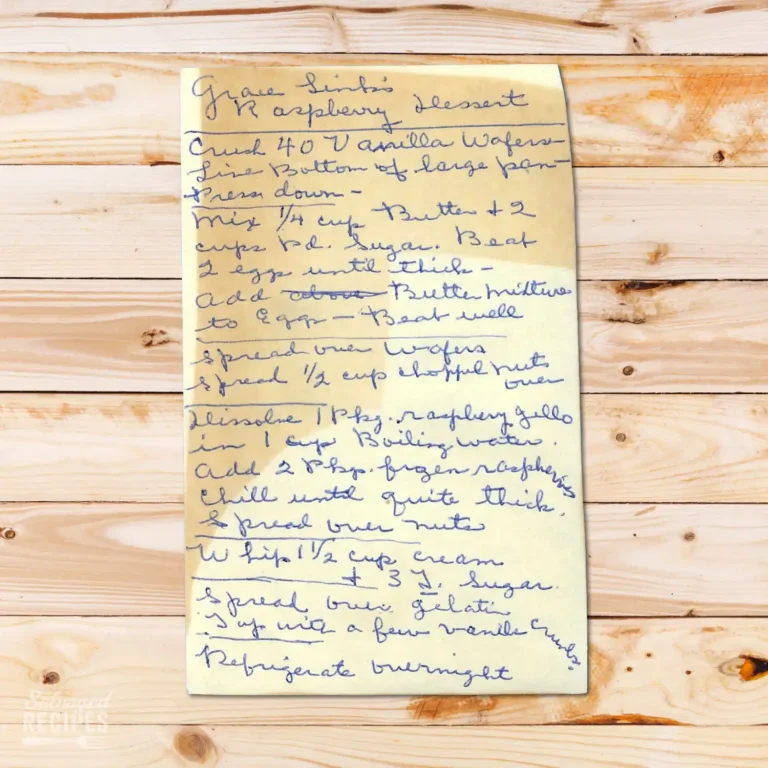 Handwritten recipe card for Grace Link's Raspberry Dessert