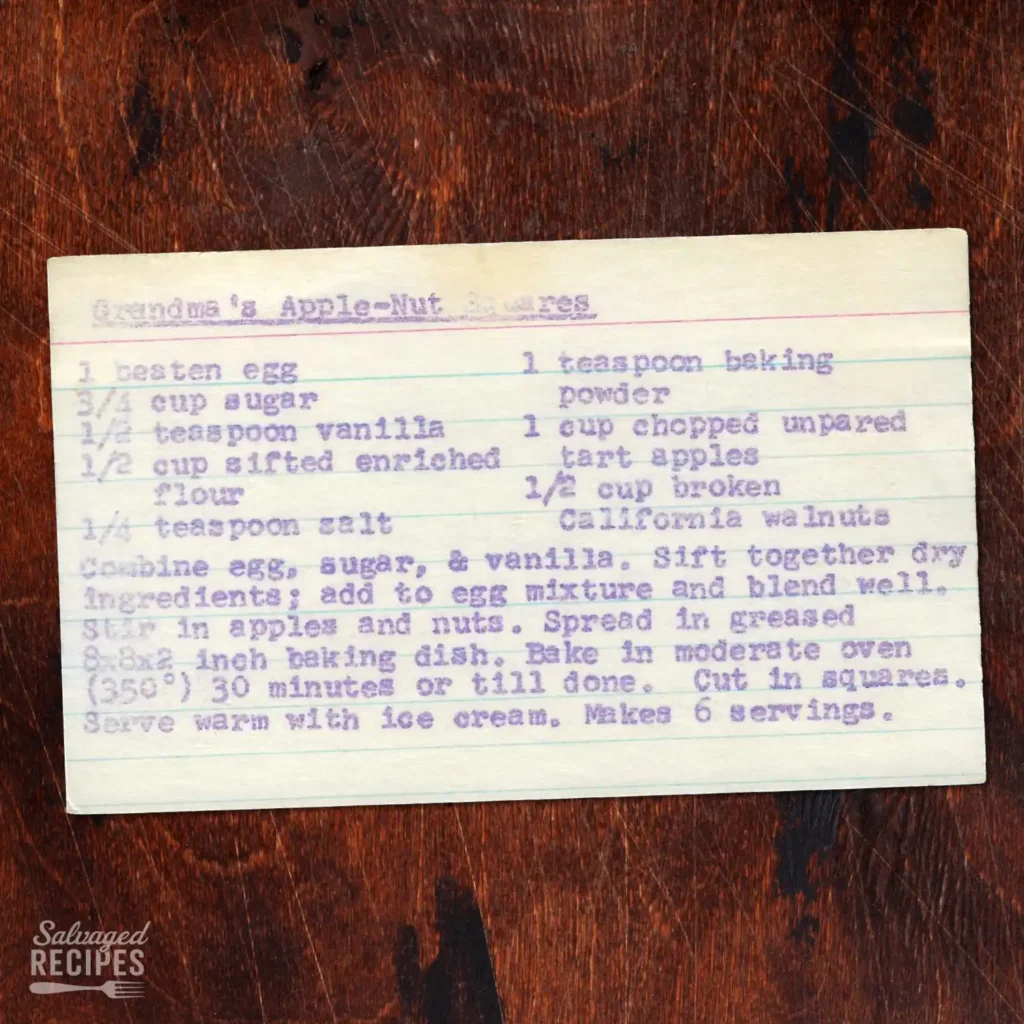 Handwritten recipe card for Grandma's Apple Nut Squares