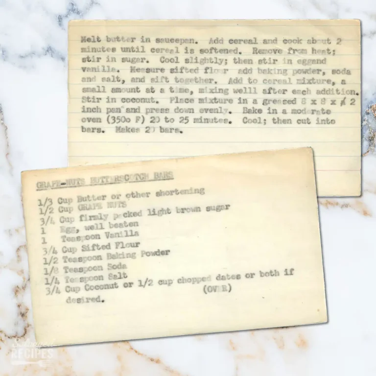 Typed recipe card for Grape Nut Butterscotch Bars
