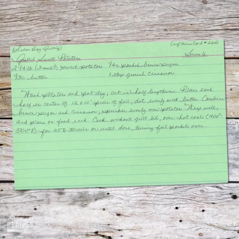 Handwritten recipe card for Grilled Sweet Potatoes
