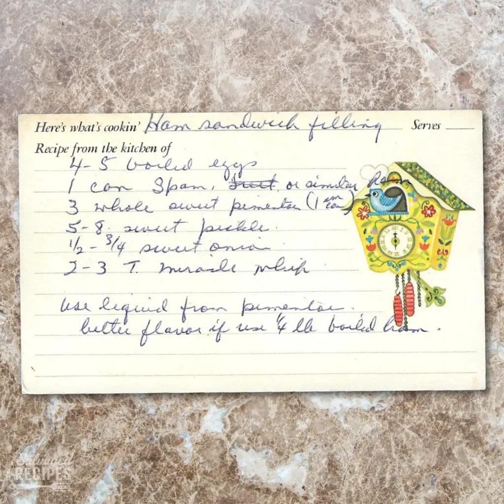 Handwritten recipe card for Ham Sandwich Filling
