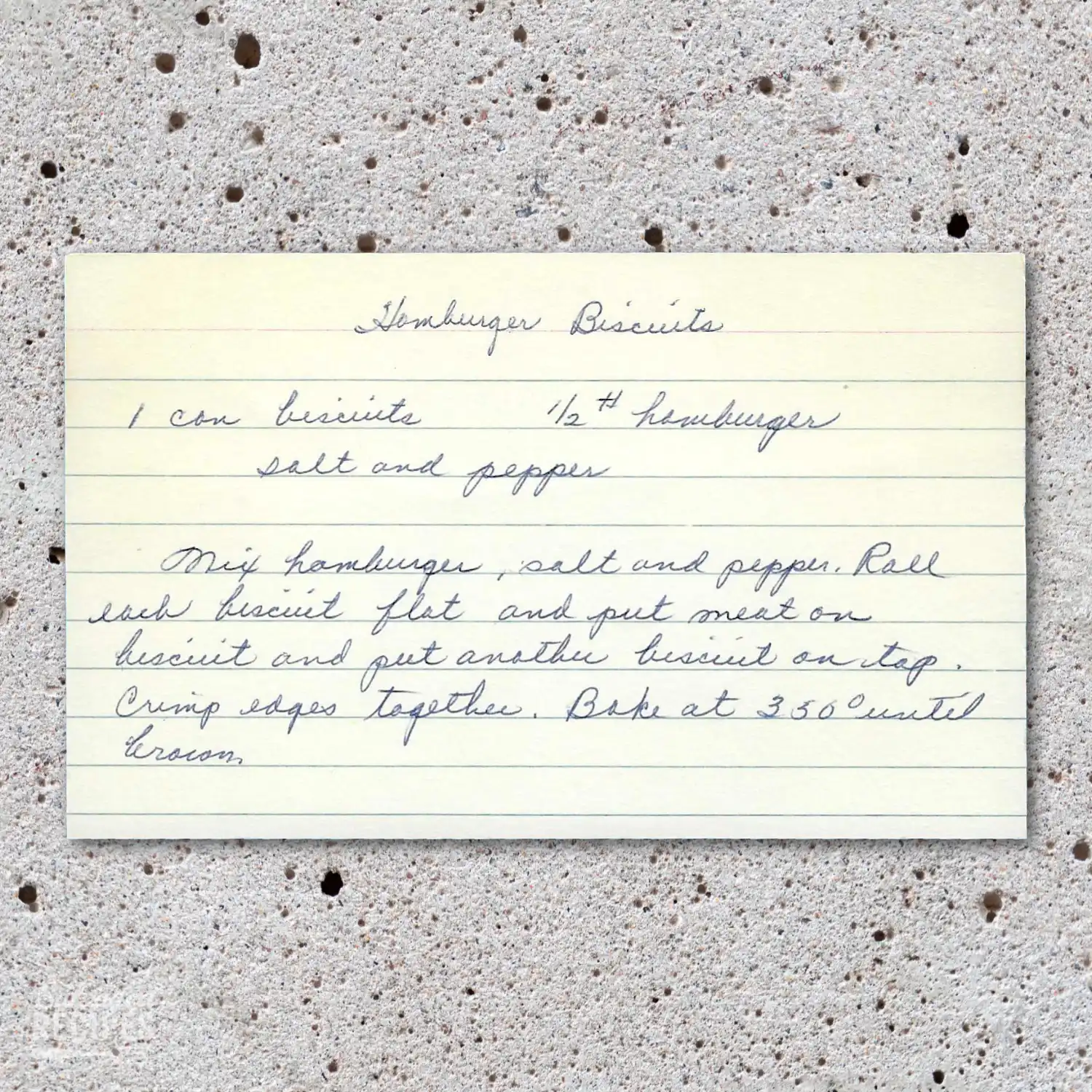 Handwritten recipe card for Hamburger Biscuits