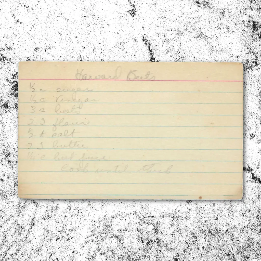 Handwritten recipe card for Harvard Beets
