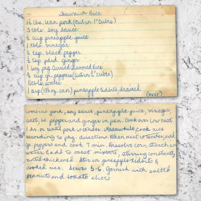 Handwritten recipe card for Hawaiian Rice