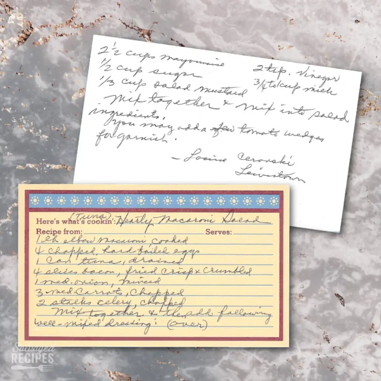 Handwritten recipe card for Hearty Macaroni Tuna Salad