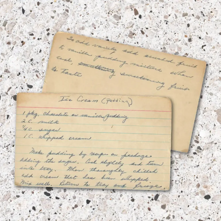 Handwritten recipe card for Ice Cream Pudding