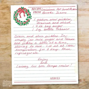 Handwritten recipe card for Louisiana Hot Sweet Pickles