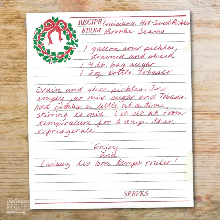 Handwritten recipe card for Louisiana Hot Sweet Pickles