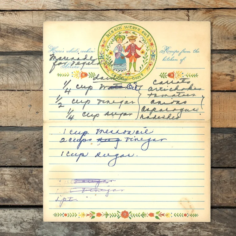 Handwritten recipe card for Marinade for Vegetables