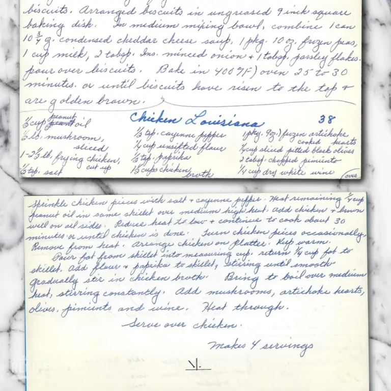 Handwritten recipe for Chicken Louisiana