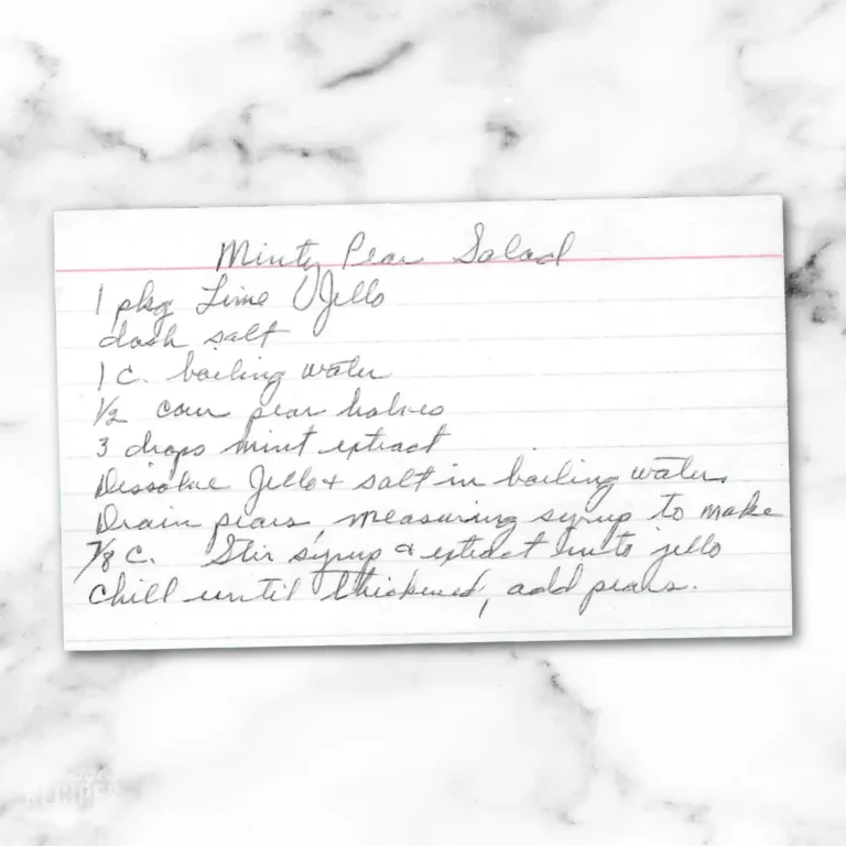 Handwritten recipe card for Minty Pear Salad