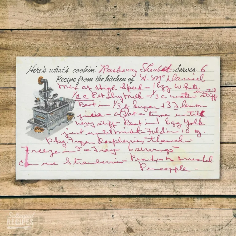 Handwritten recipe for Raspberry Sherbet