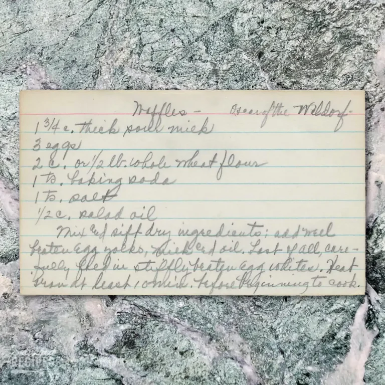 Handwritten recipe card for Waffles