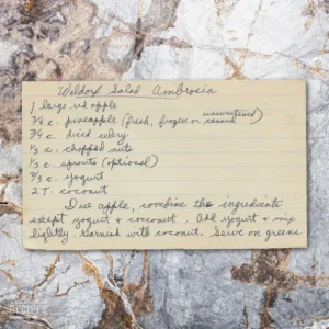 Handwritten recipe card for Waldorf Salad Ambrosia