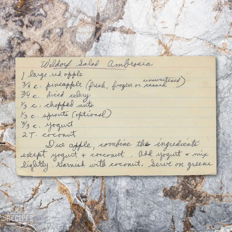 Handwritten recipe card for Waldorf Salad Ambrosia