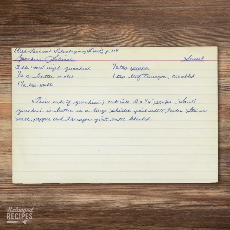 Handwritten recipe card for Zucchini Julienne