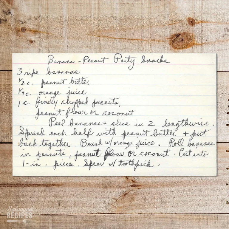 Handwritten recipe card for Banana Peanut Party Snacks