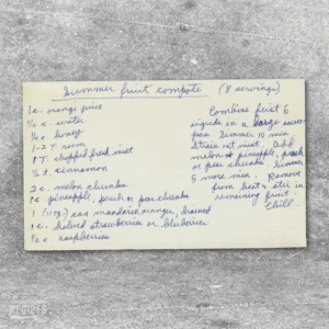 Handwritten recipe card for Summer Fruit Compote