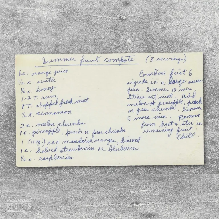 Handwritten recipe card for Summer Fruit Compote