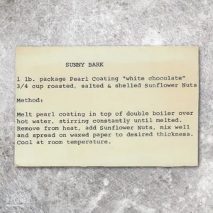 Handwritten recipe card for Sunny Bark