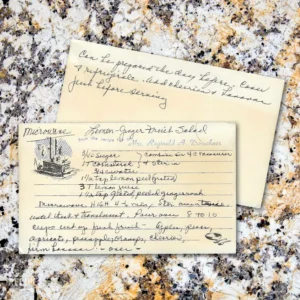 Handwritten recipe card for GInger-Lemon Fruit Salad