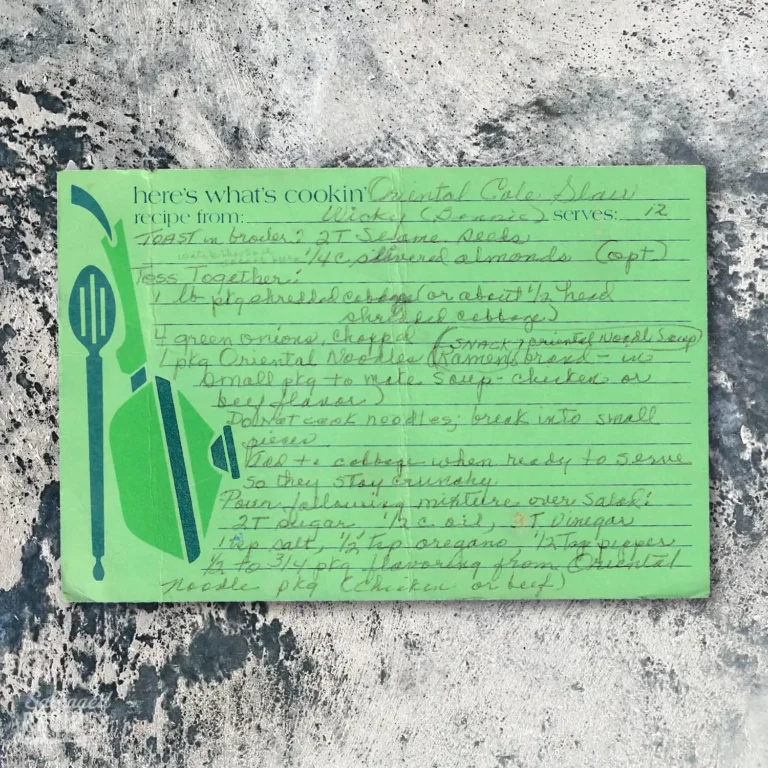 Handwritten recipe card for Oriental Coleslaw