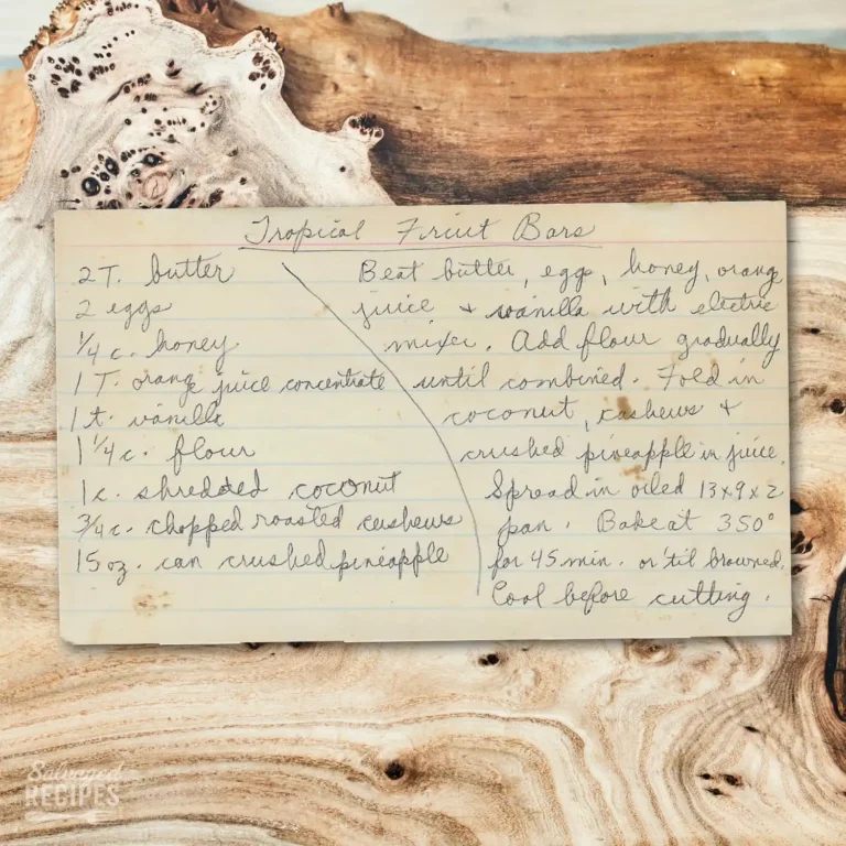 Handwritten recipe card for Tropical Fruit Bars