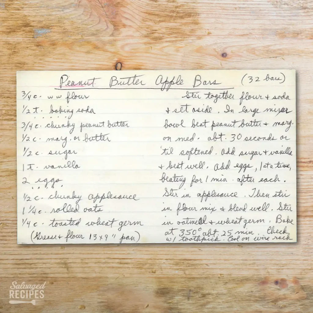Handwritten recipe card for Peanut Butter Apple Bars