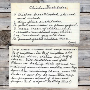 HAndwritten recipe card for Chicken Enchiladas