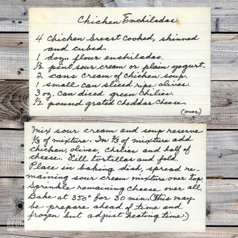 HAndwritten recipe card for Chicken Enchiladas