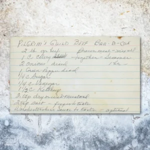 Handwritten recipe card for Pilgrim's Guild Beef Bar-B-Cue