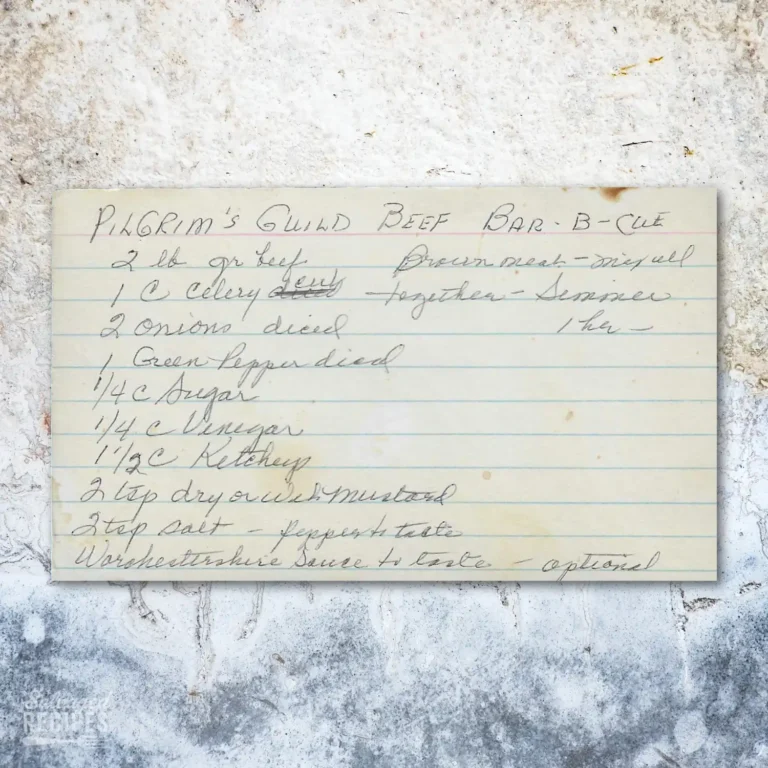Handwritten recipe card for Pilgrim's Guild Beef Bar-B-Cue