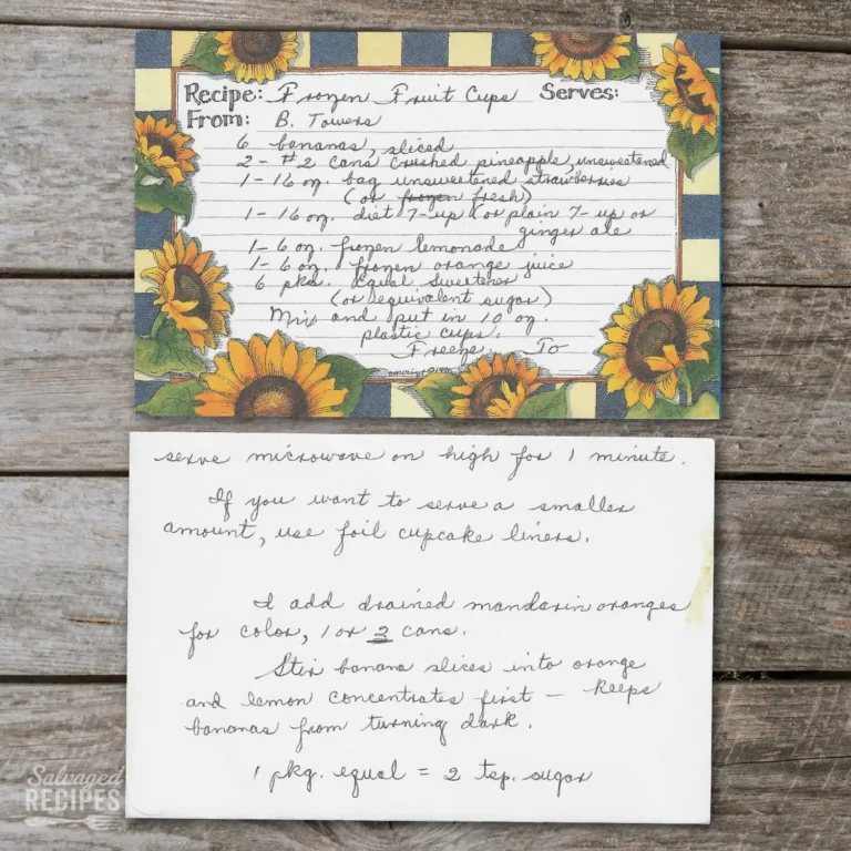 HAndwritten recipe card for Frozen Fruit Cups
