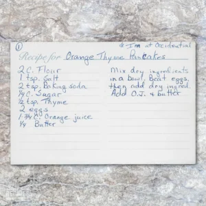 Handwritten recipe card for Orange Thyme Pancakes