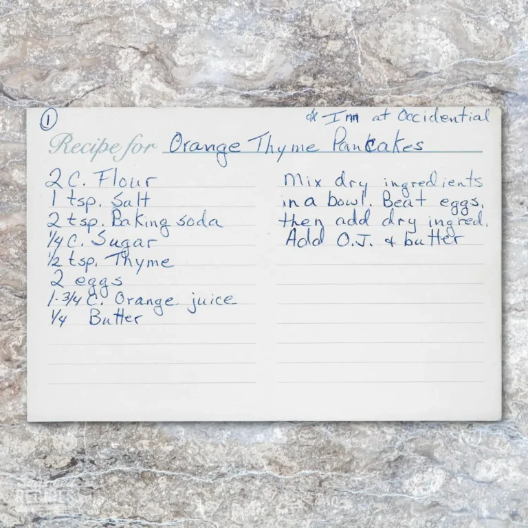Handwritten recipe card for Orange Thyme Pancakes
