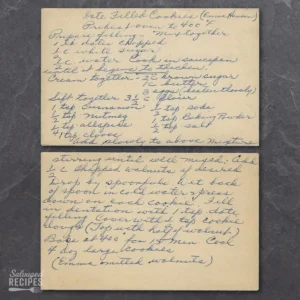 Handwritten recipe card for Date Filled Cookies