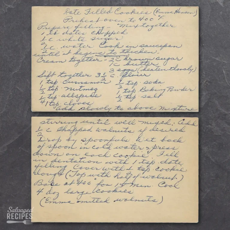 Handwritten recipe card for Date Filled Cookies