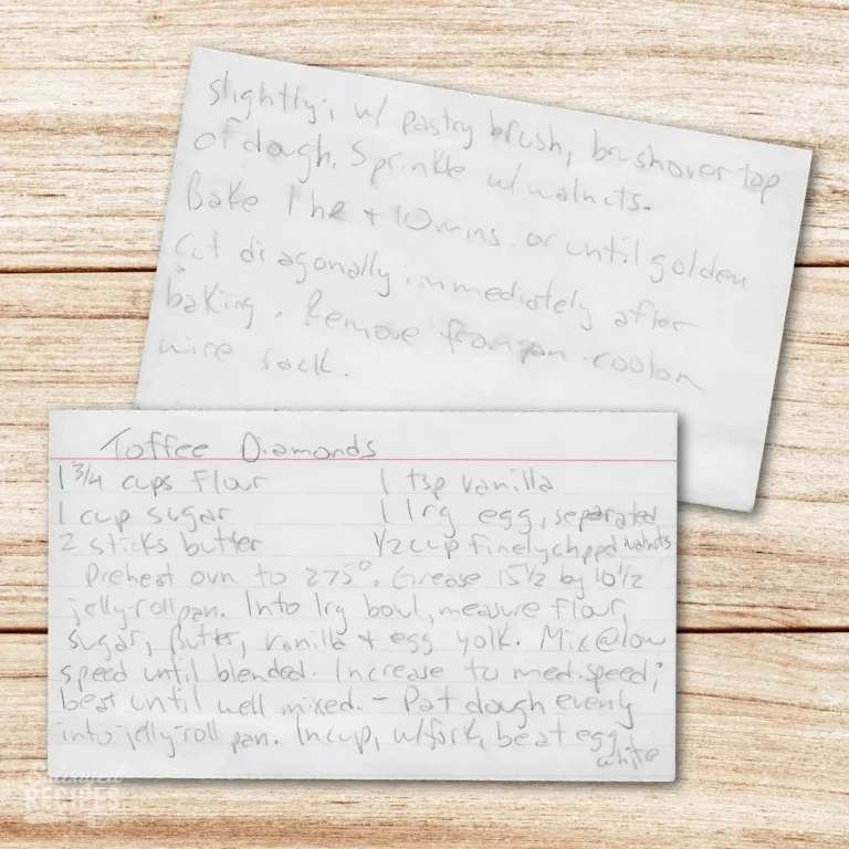 Handwritten recipe card for Toffee Diamonds