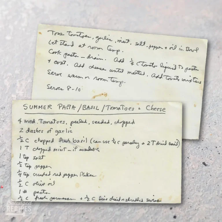 HAndwritten recipe card for Summer Pasta Basil Tomatoes & Cheese