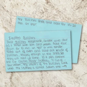 Handwritten recipe card for Stuffed Zucchini