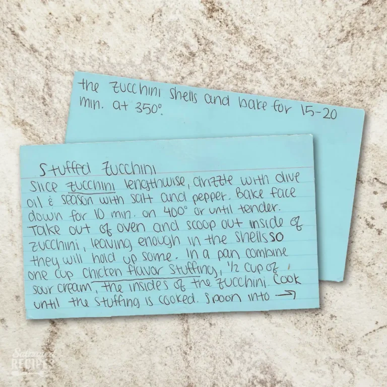 Handwritten recipe card for Stuffed Zucchini