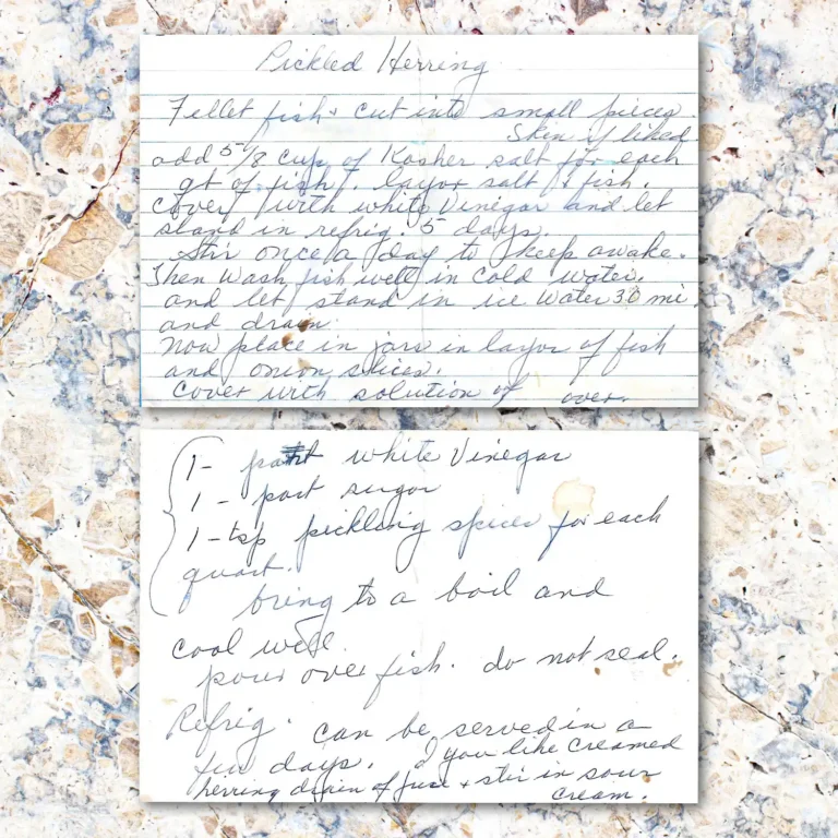 Handwritten recipe card for Pickled Herring