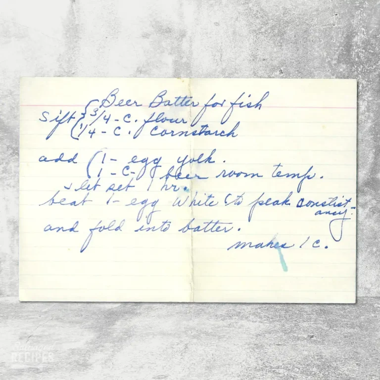 Handwritten recipe card for Beer Batter for Fish