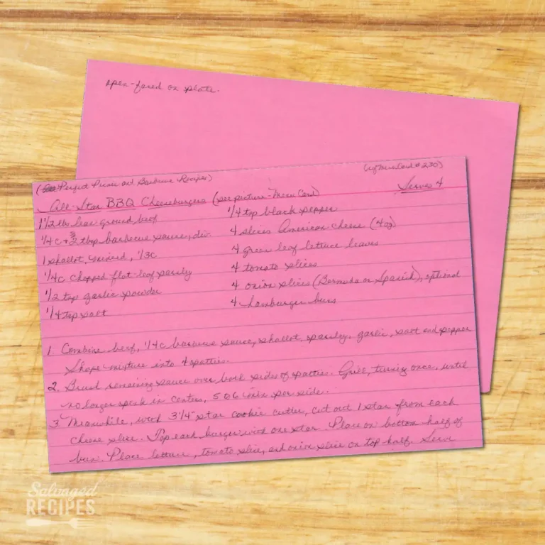 Handwritten recipe card for All Star BBQ Cheeseburgers