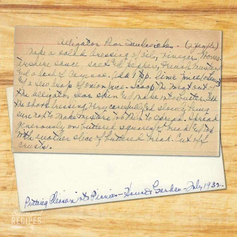 Handwritten recipe card for Alligator Pear Sandwiches